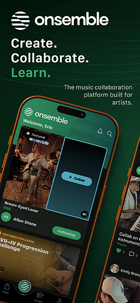 Onsemble app showing create, collaborate, learn messaging